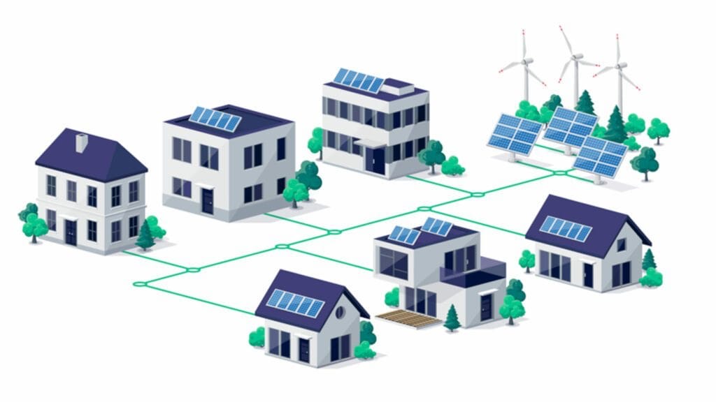 comunità energetica, case collegate a rete elettrica alimentata da pannelli solari e pale eoliche